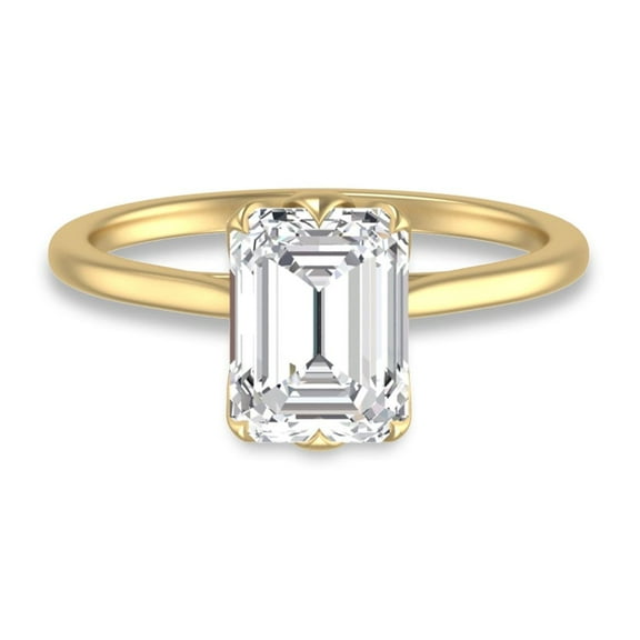 SZUL Women's 14K Yellow Gold Classic Lotus Solitaire Ring with IGI Certified 2 Carat Emerald Cut Lab Grown Diamond