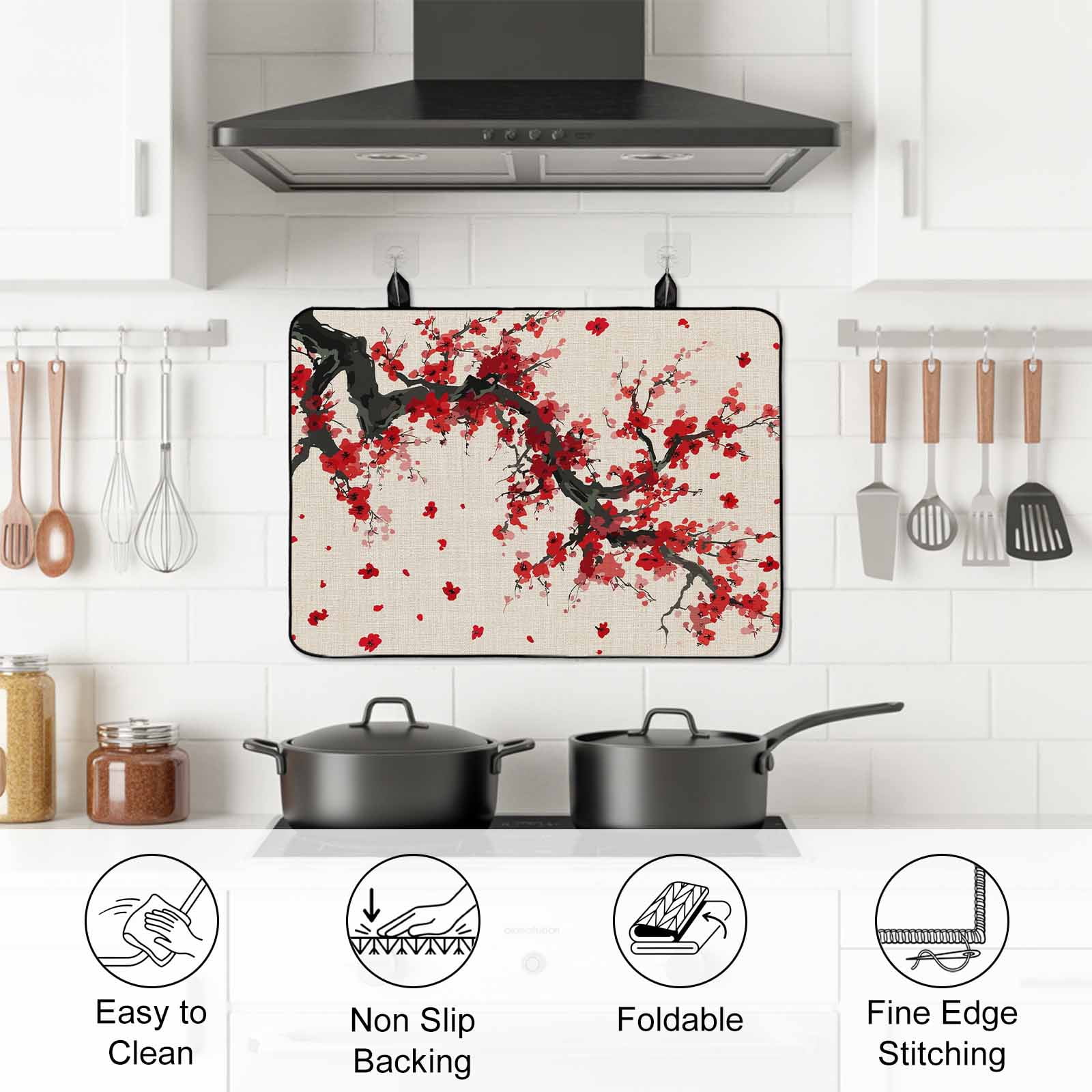 Red Flowers Stove Top Cover for Electric Stove, Heat-proof & Non Slip Glass Top Stove Cover Protector, Vintage Chinese Painting Plum Branches Kitchen Flat Cooktop Rubber Mat 24x21 Inches