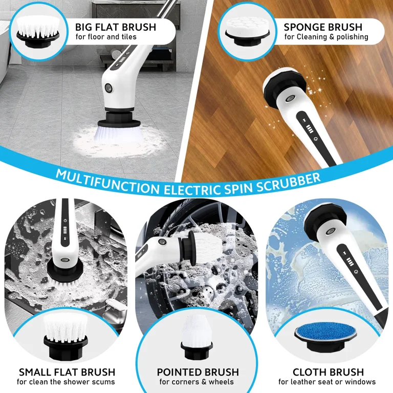 FLNELIEN Electric Spin Scrubber FIneLien Cordless Bathroom Cleaning Brush  with 7 Scrubber Brush Heads 48in Extension Handle 