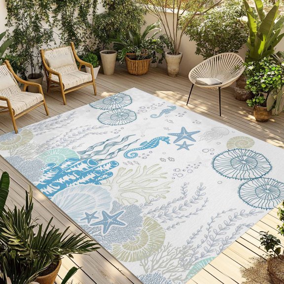 Teal Blue Coral Outdoor Area Rug 4x6ft Decorative Indoor Outdoor Rug Starfish Seahorse Seahorse Shell Patio Area Rug for Porch, Deck, Balcony, Entryway, Camping & RV