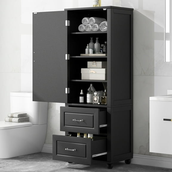 GDF Studio 61.4" Freestanding Storage Cabinet with 2 Drawers and Adjustable Shelf, Black