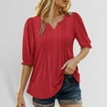 thumbnail image 2 of MIXUE Boho Tops For Women Summer Solid Color V Neck Short Puffed Sleeve Casual T Shirts Daily-Wear,Red,S, 2 of 6