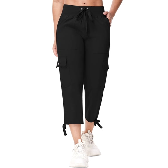 Muvtei Women's Cargo Capris Hiking Pants for Camping Outdoor Athletic Casual Loose Comfy Elastic Waist with Pockets Quick Dry Black L