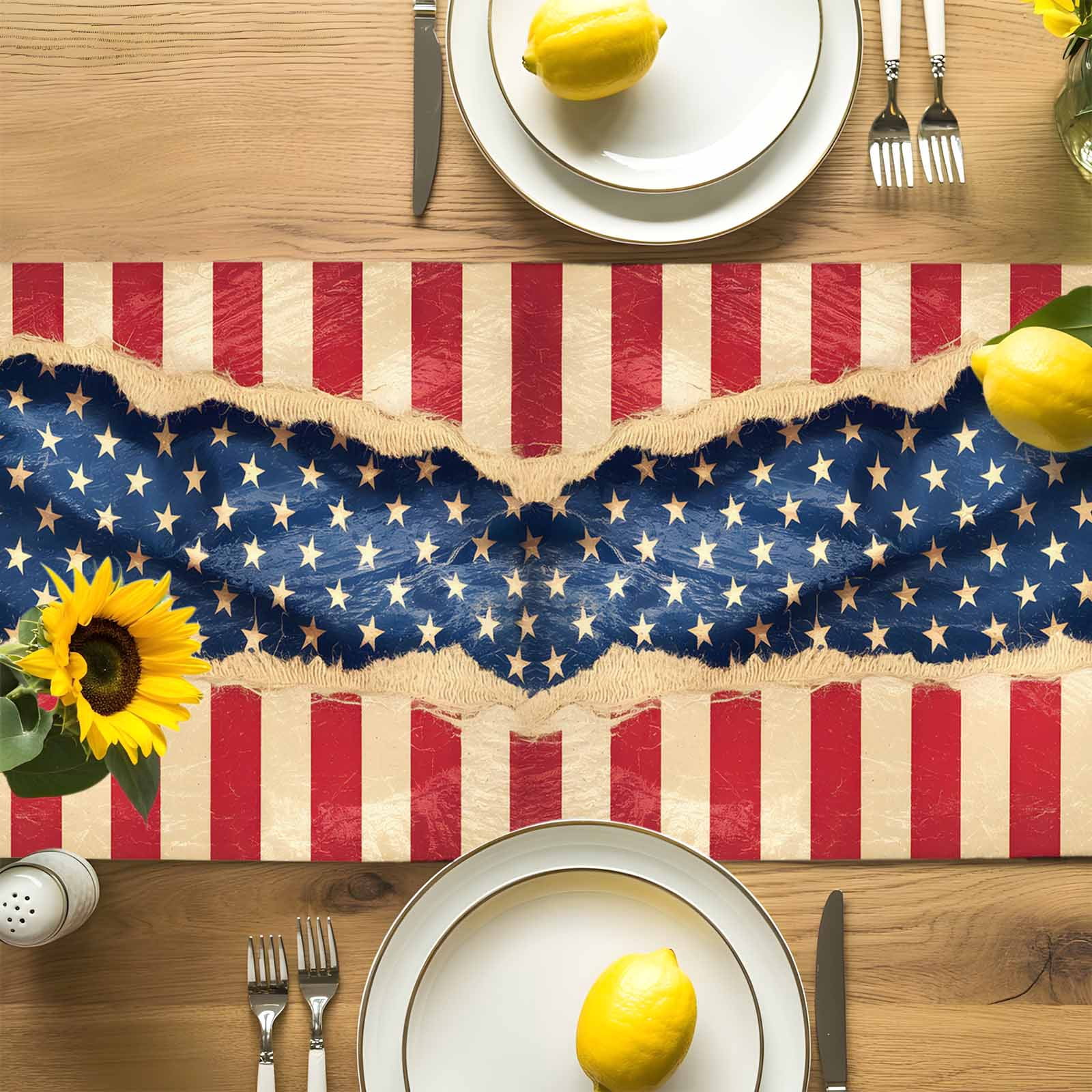 4th of July Patriotic Star Stripe Table Runner 90 Inches Long, Retro USA Flag Memorial Day Table Runners Tabletop Scarf Kitchen Dining Tables Decoration for Home Party Indoor Outdoor