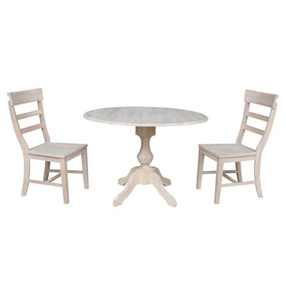 42" Round Solid Wood Pedestal Table with Two Chairs - Unfinished