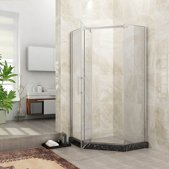 Sunny Shower Corner Shower Enclosure 36 1/2 in. x 72 in. Neo-angle Frameless Shower Door 1/4 in. Clear Glass with Shower Base