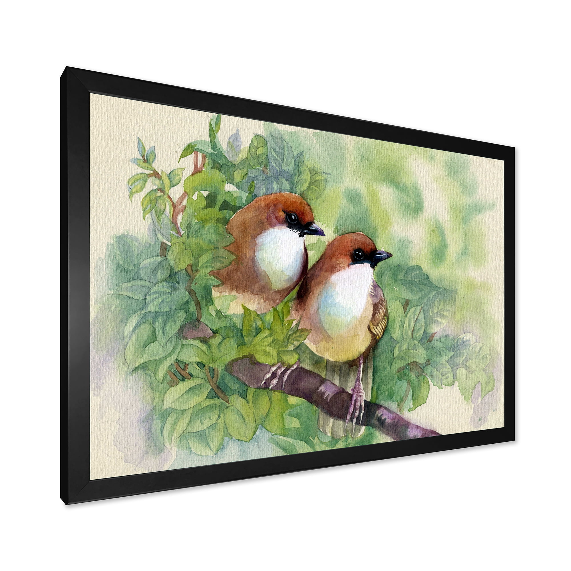 Birds Of Spring Sitting On Branch 40 in x 30 in Framed Painting Canvas Art Print, by Designart