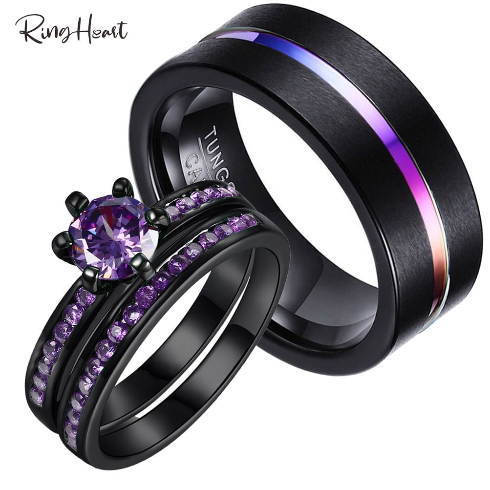 Matching Rings Couple Rings Black Gold Plated 1CT Purple Cz Women