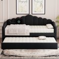 thumbnail image 3 of Twin Size Daybed with Trundle and Charging Station, Velvet Tufted Sofa Bed with Side Pockets and Upholstered Headboard for Living Room, Black, 3 of 10
