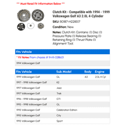 Clutch Kit - Compatible with 1994 - 1999 Volkswagen Golf A3 2.0L 4-Cylinder 1995 1996 1997 1998