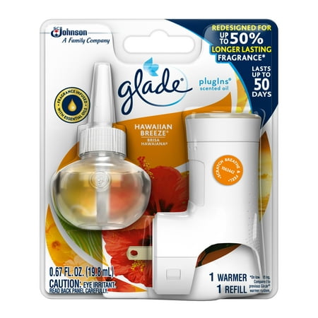 Glade PlugIns Scented Oil Warmer and Hawaiian Breeze Refill Starter Kit, Holds Essential Oil Infused Wall Plug In Refill, Up to 50 Days of Continuous Fragrance, 0.67 FL OZ, With 1.34 oz