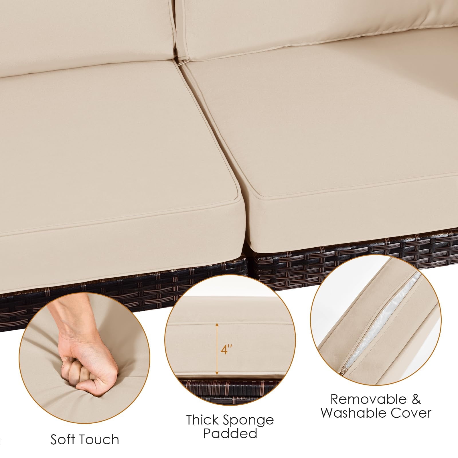 Tappio 6 Pieces Patio Furniture Set, All-Weather PE Rattan Sectional Sofa with Tempered Glass Coffee Table & Waterproof Cushions, Outdoor Modern Sectional Furniture for Garden Lawn Yard, Brown/Beige