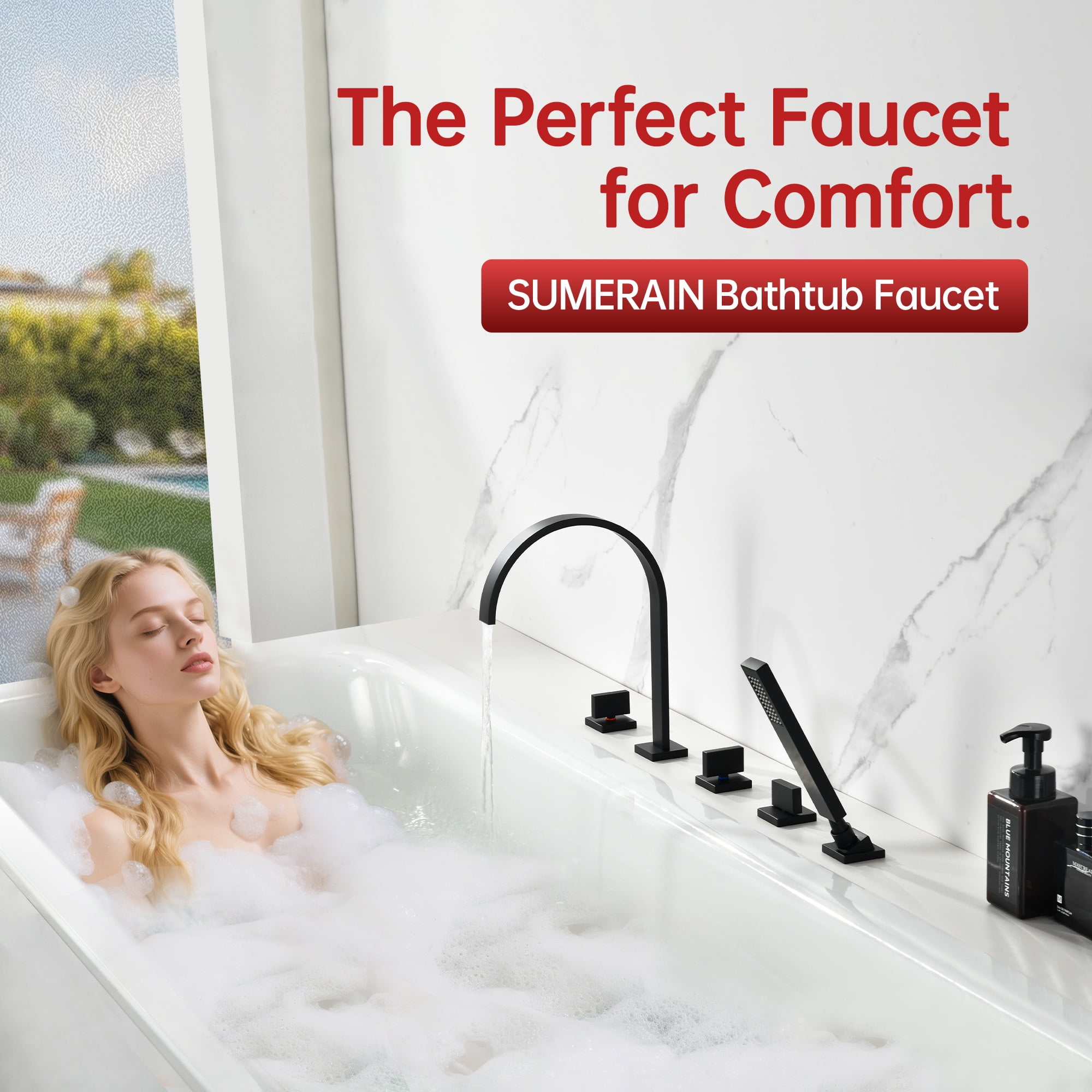 SUMERAIN Modern Matte Black Roman Tub Faucet with Valve, 5 Hole Waterfall Bathtub Faucet with Hand Shower, High Flow