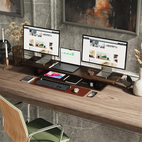 Solid Wood Rustic Desk Monitor Stand with Storage, Large Dual Monitor Riser for Laptop Computer TV PC Printers
