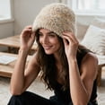 thumbnail image 4 of SYMOID Womens Fuzzy Bucket Hat - Speckled Plush Winter Beanie, Stretchy Knit Cap for Cold Weather, Khaki Hats,Size Free Size, 4 of 6