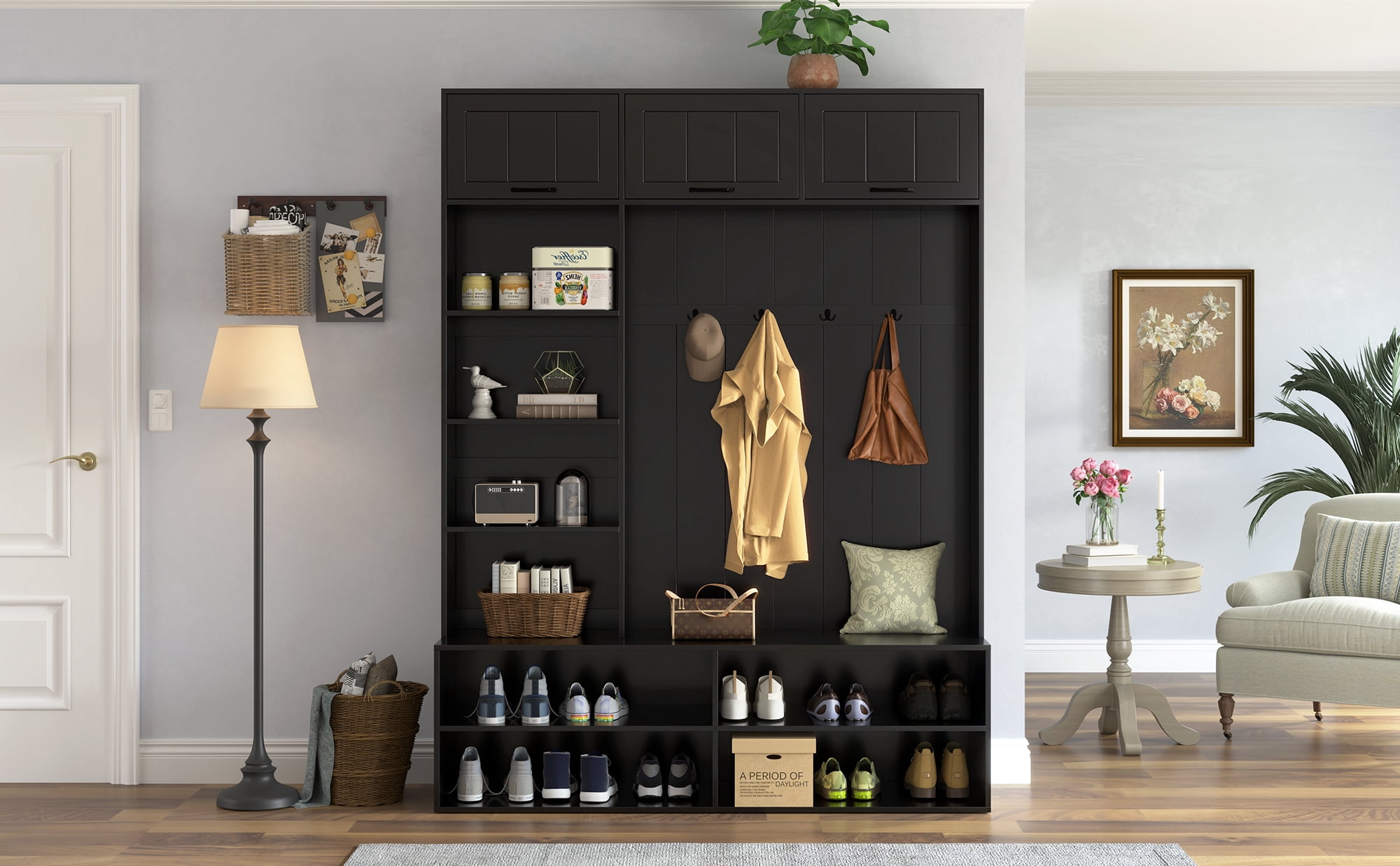 Mintazer 5-in-1 Farmhouse Hall Tree with Bench and Shoe Storage, 79"H Entryway Storage Organizer with Coat Rack & Hooks for Hallway, Living Room, Black