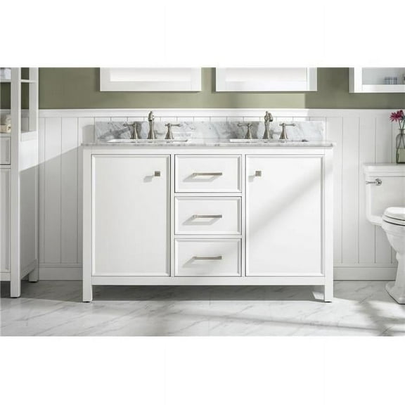 54 in. White Finish Double Sink Vanity Cabinet with Carrara Top