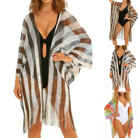 Danhjin Striped Swimsuit Coverups for Women Long Sleeve Cardigan with Tassel Lightweight Summer Beachwear Bathing Swiming Swimwear Bikini Casual Cover up
