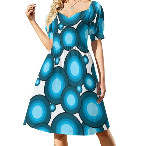 Blaue 70er Jahre Kreise vestido de manga corta vestido de verano mujeres vestido de verano Dama de honor mujer