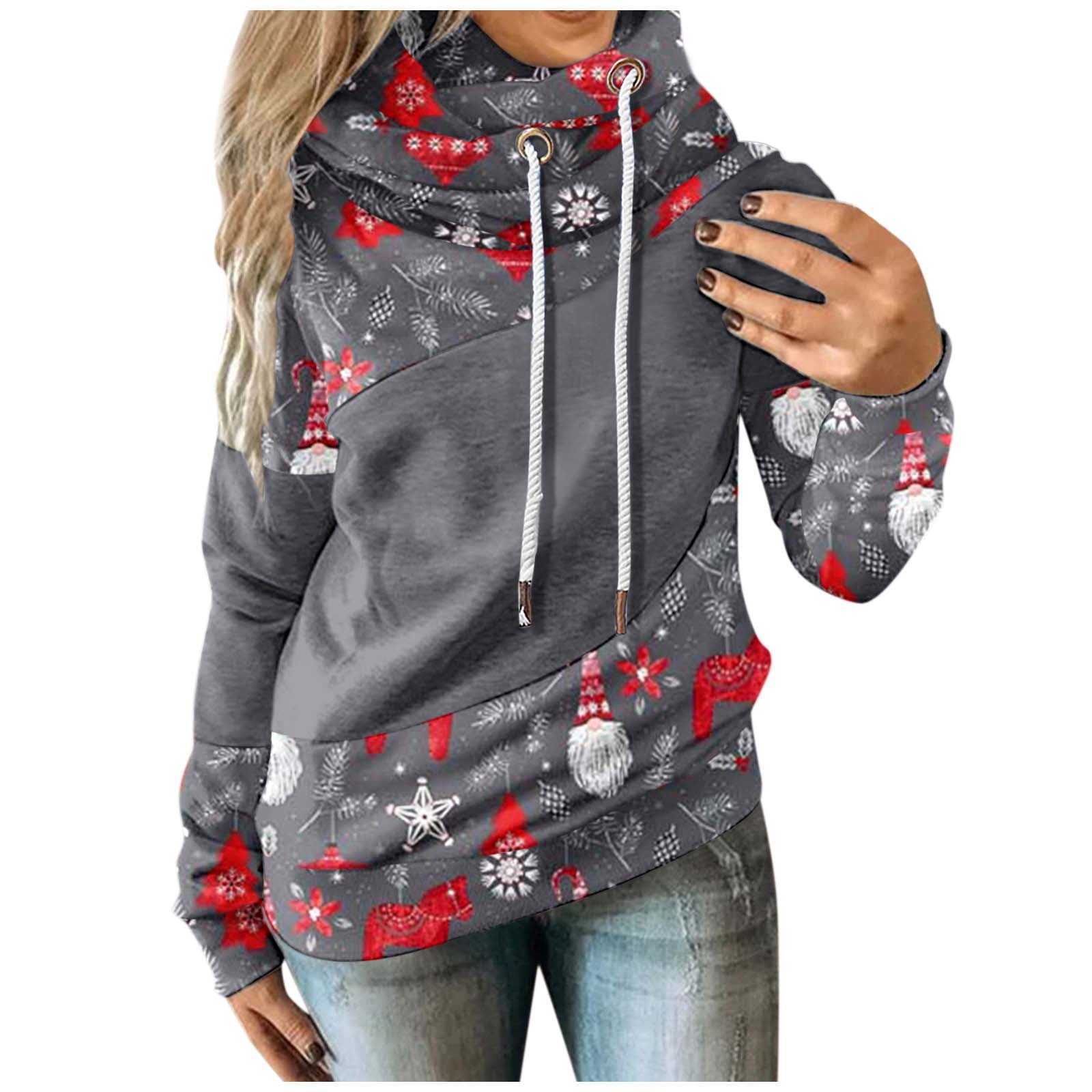 Kanzd Christmas Hoodies for Women Fashion Long Sleeve Buttons Graphic Hooded Sweatshirt Pullover Drawstring Tops Blouse 