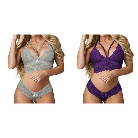 (2-Pack) Kcodviy Women Plus Size Set Lace for Women Corset Lace Floral Bralette High Waist Lace Panties Set Bra Two Piece Underwear