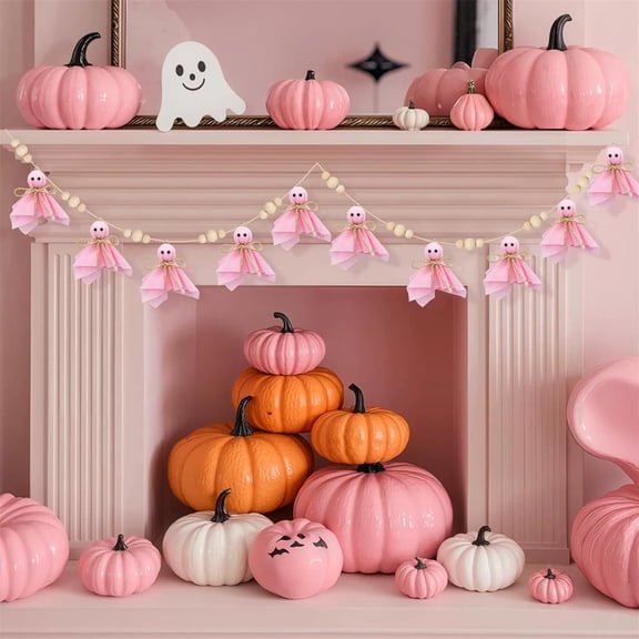 Pink Ghost Garland Halloween Decor 6.5FT Wooden Bead Banner Farmhouse Spooky Cute Mantel Wall Staircase Indoor Party Polyester