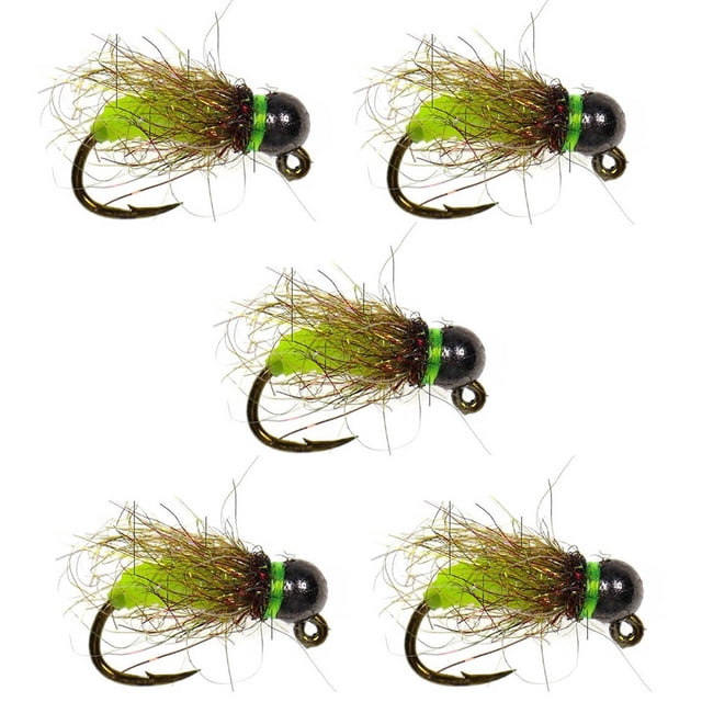 5Pcs Fly Hook Trout Fishing Lures Fast Sinking Tungsten Bead Head Nymph Fly Bait Yellow