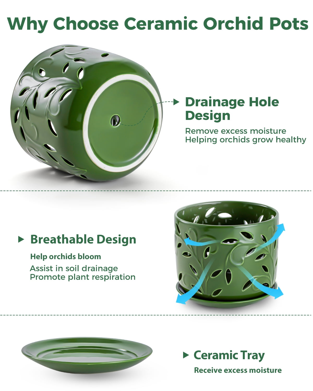 BUYMAX 5" & 6" Ceramic Orchid Pots with Holes and Trays, Leaf Lattice Verdigris Patina, Set of 2
