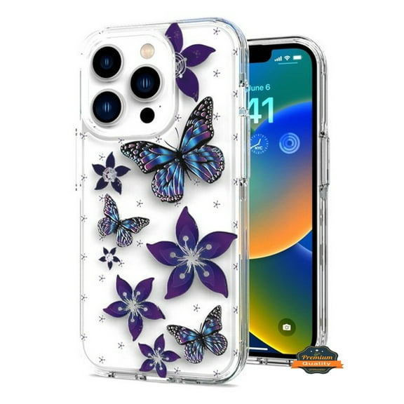 For Apple iPhone 14 (6.1") Hybrid Trendy Image Patterns Design Transparent Hard Back Shockproof TPU Rubber Phone Case Cover by Xpression - Butterflies