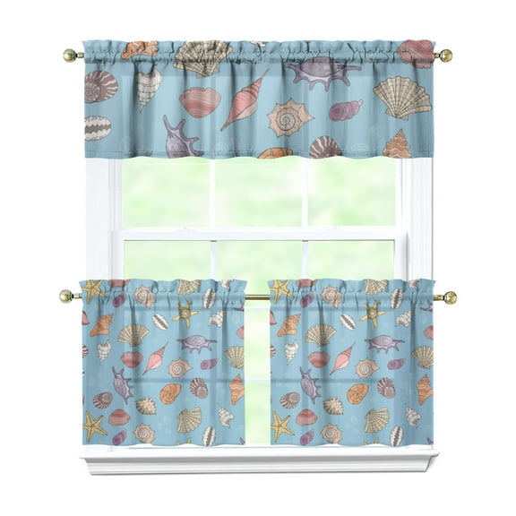 Kitchen Curtains 24 Inch Short - 3 Panel Set, Seashell Starfish Nautical Print, Rod Pocket Window Curtain for Tropical Beach Farmhouse, Sea Coral Cute Design, Easy Wash