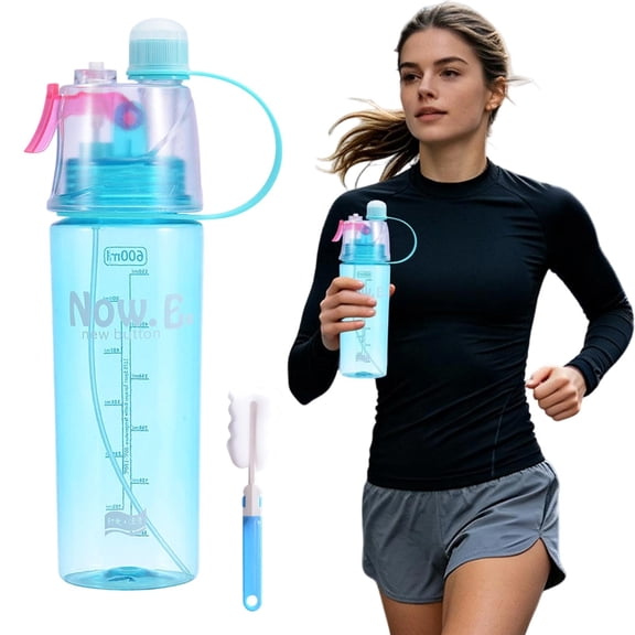 Misting Water Bottle, 2-in-1 Mist & Sip Water Bottles, Leak-Proof, Silicone Spout Cover, Cool Mist Water Bottle with Cleaning Brush for Sports Gym Camp Cycling, Blue