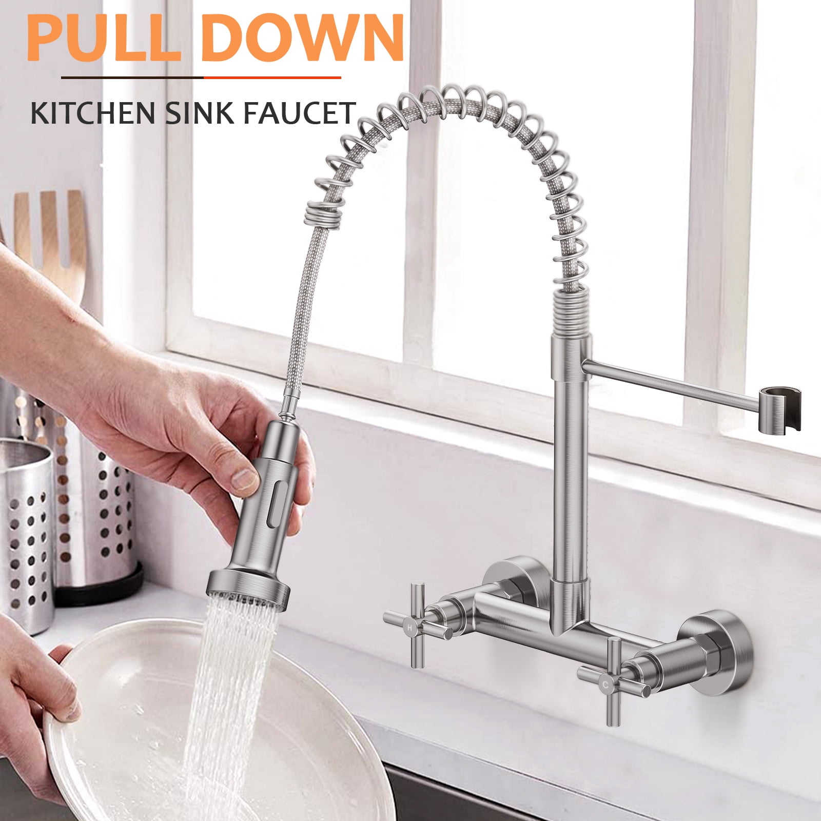 KINGTACK Wall Mount Kitchen Faucet,8 inch Commercial Sink Faucet with Sprayer, Dual Handles Utility Sink Faucet for Kitchen Laundry Restaurant,Stainless Steel, Chrome