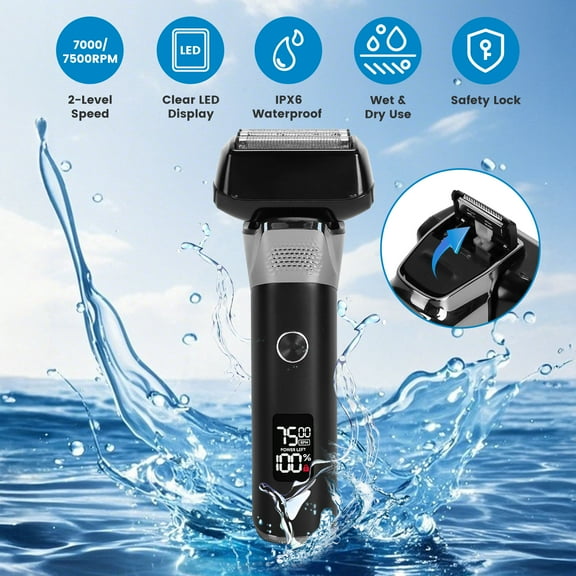 TeqHome Electric Razor for Men 5-Blade Electric Shavers IPX6 Waterproof Wet & Dry Electric Razor with 100min Runtime LED Display Black