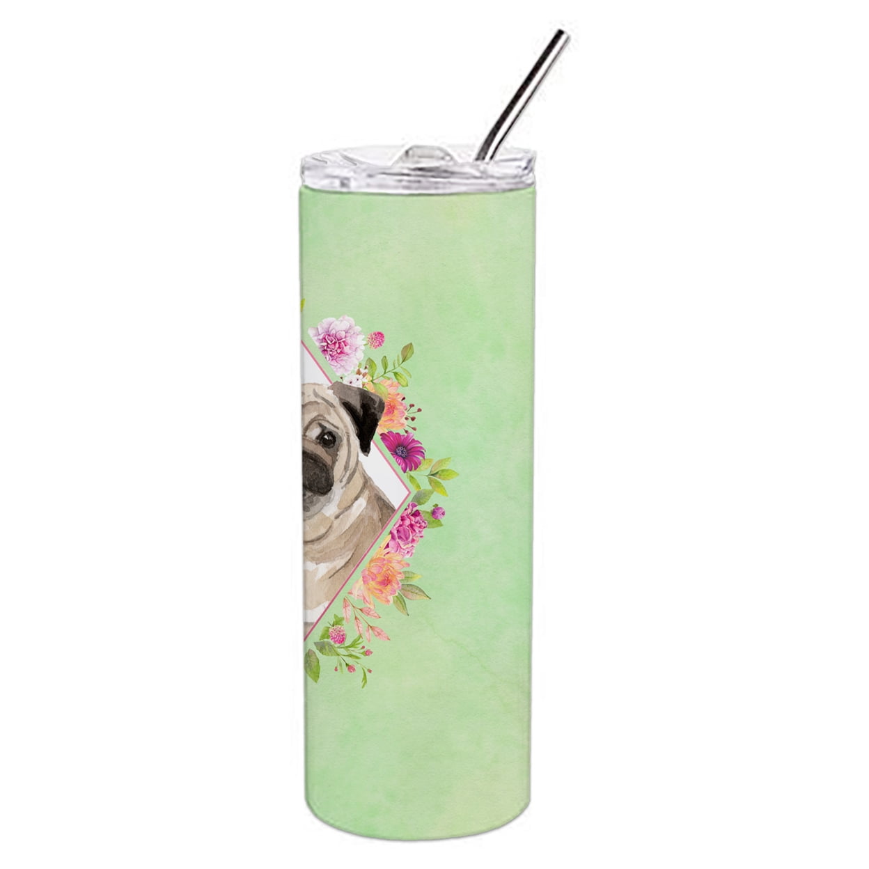 Fawn Pug Green Flowers Double Walled Stainless Steel 20 oz Skinny Tumbler