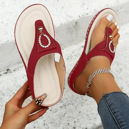

Binmer Thong Toe Rhinestone Slippers Women s Round Head Outer Wear Solid Color Low-Heeled Flip-Flops