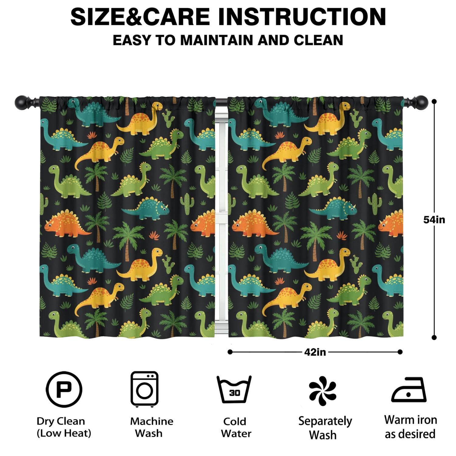 Blackout Kids Curtains,Black Colorful Dinosaurs Pattern Childrens Insulated Curtains Set Of 2,Bedroom Essentials,Toddler Room Decor 42"x54"