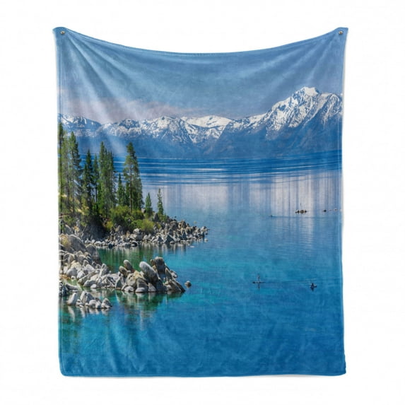 Landscape Soft Flannel Fleece Blanket, Blue Waters of Lake Tahoe Snowy Mountains Pine Trees Rocks Relax Shore, Cozy Plush for Indoor and Outdoor Use, 60" x 80", Pale Blue Green Grey, by Ambesonne