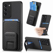 Case for Samsung Galaxy S21 with Hidden Kickstand, Carbon Fiber Texture Wallet Case with Card Holder for Samsung Galaxy S21 Magnetic Car Mount Shockproof Military Grade Protection Cover, Black