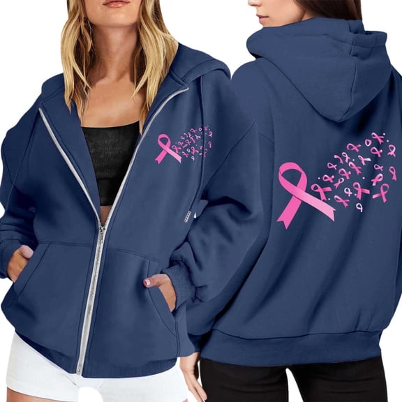 Women's Cancer Awareness Zip Up Hoodie Pullover Long Sleeve Casual Sweatshirt with Front Pocket and Drawstring for Everyday Wear Comfort