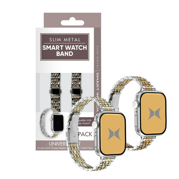 XTREME Trendy Metal Smart Watch Band 2-Pack Compatible with Apple Watch, Universal Fit with Quick Change Adapters, Lightweight Stainless Steel Replacement Straps – Gold & Silver