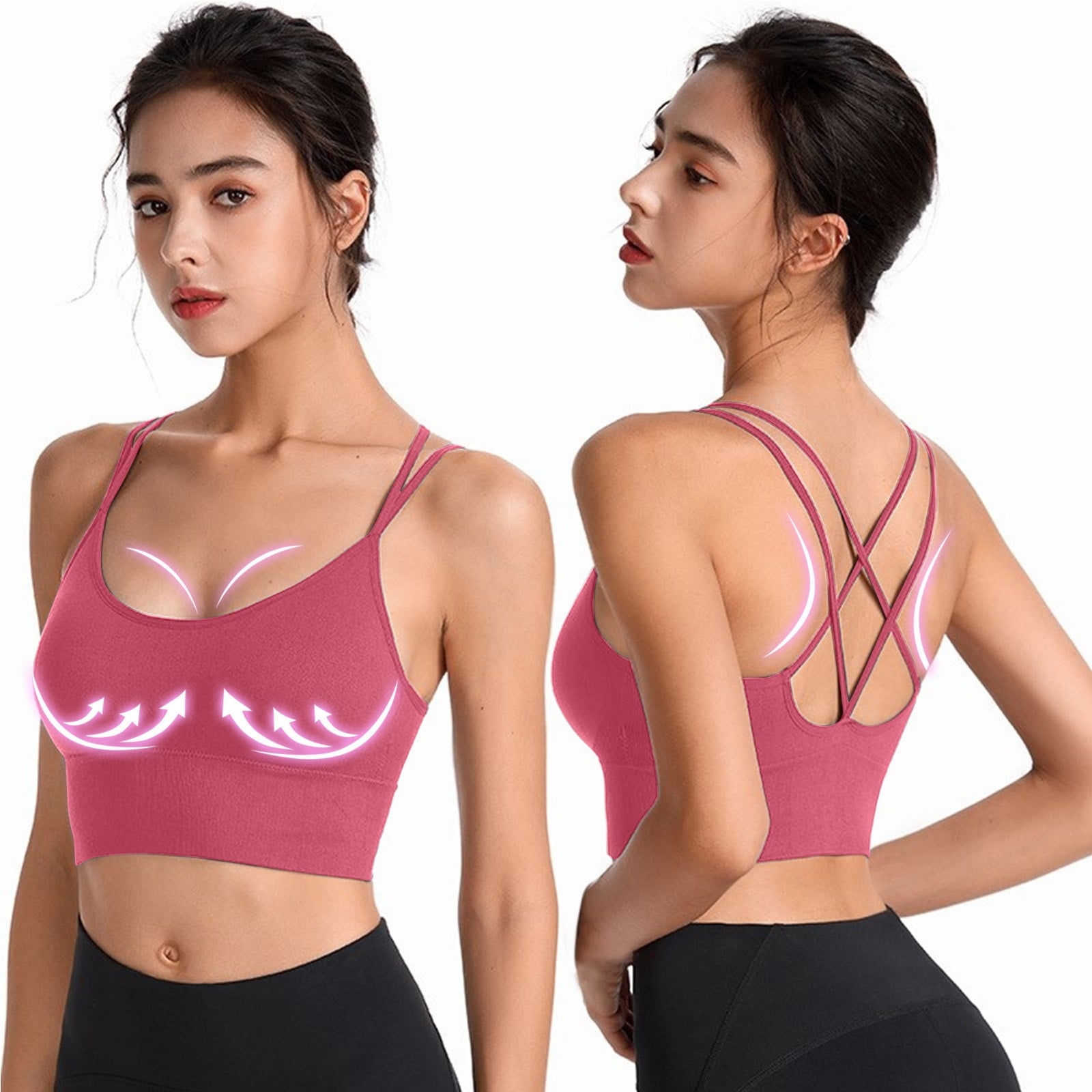 Fsqjgq Womens Sport Bras Back Strappy Push Up Padded Crop Top Workout  Fitness Running Yoga Bra Solid Seamless Breathable Brassiere Vest Pink M