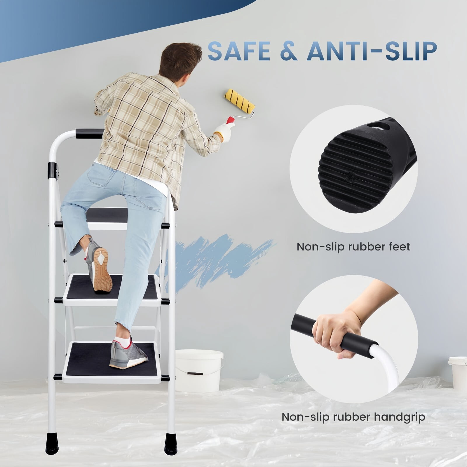 Kelno 3 Step Folding Step Stool 330Lbs Heavy Duty Step Ladder with Anti Slip Pedals Safety Handrail, Black White
