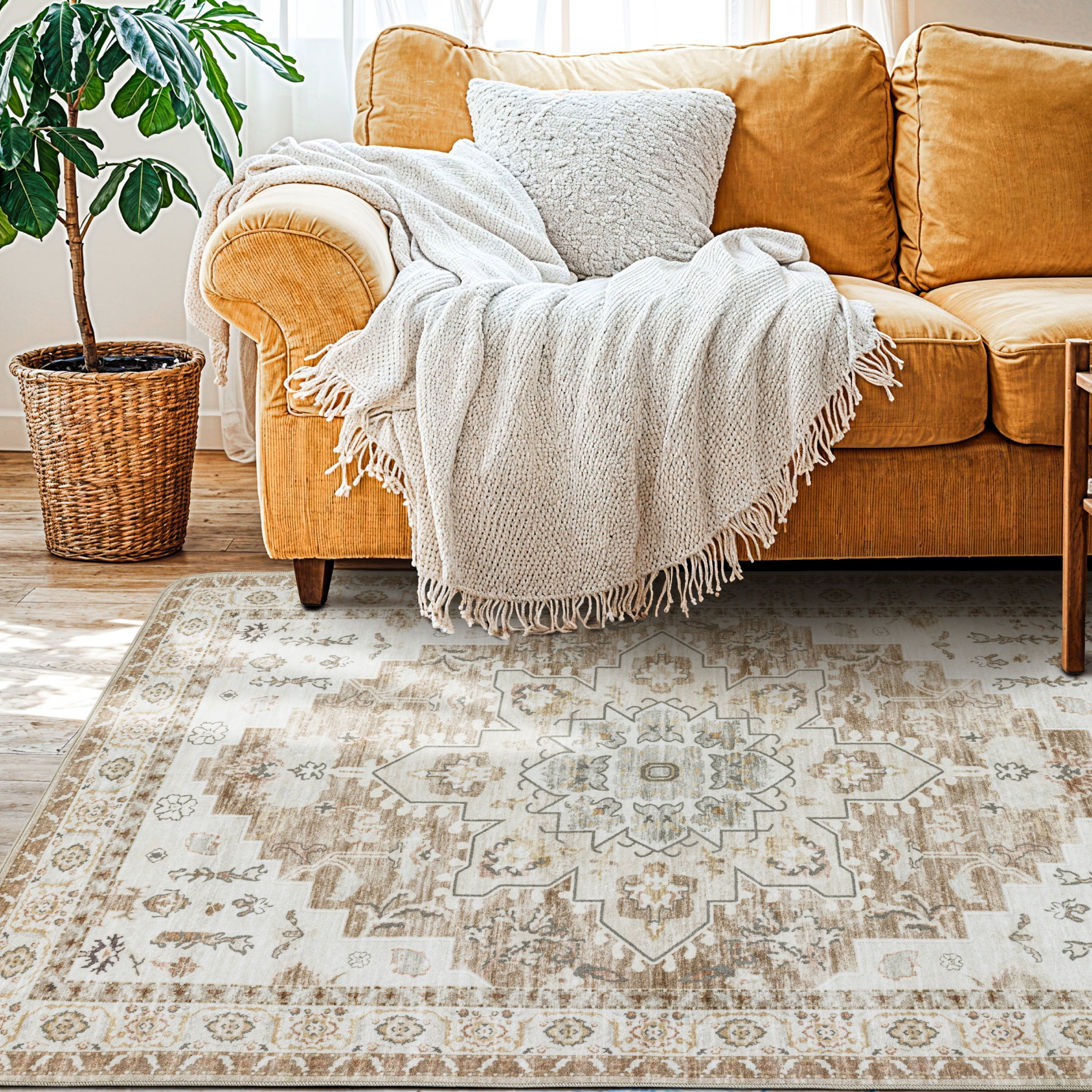 Sonoro Kate 9x12 Area Rugs for Living Room Bedroom, Non Slip Boho Machine Washable Indoor Floor Carpet, Cream