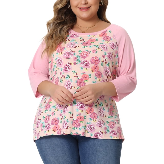 Blusa de Talla Grande para Mujeres Agnes Orinda con Cuello Redondo Floral de Color de Contraste y Mangas Raglán 3/4 Casual 4X Rosa Claro