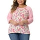 thumbnail image 1 of Blusa de Talla Grande para Mujeres Agnes Orinda, Cuello Redondo, Floral, Color de Contraste, Mangas Raglán 3/4, Tops Campesinos Casual 1X Rosa Claro, 1 of 8
