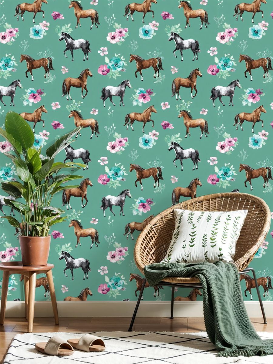 Western Peel and Stick Wallpaper Elegant Horses Floral Green Wall Mural 23.6in x 9.8ft Self Adhesive Removable Wall Paper Renter Friendly Wallpaper for Nursery Bedroom Cabinets
