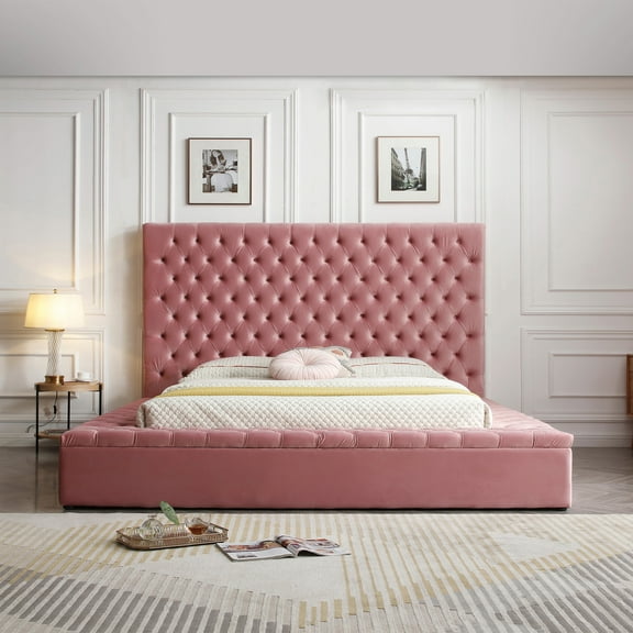 Cosmopolitan King Velvet Tufted Upholstered Storage Platform Bed in Pink