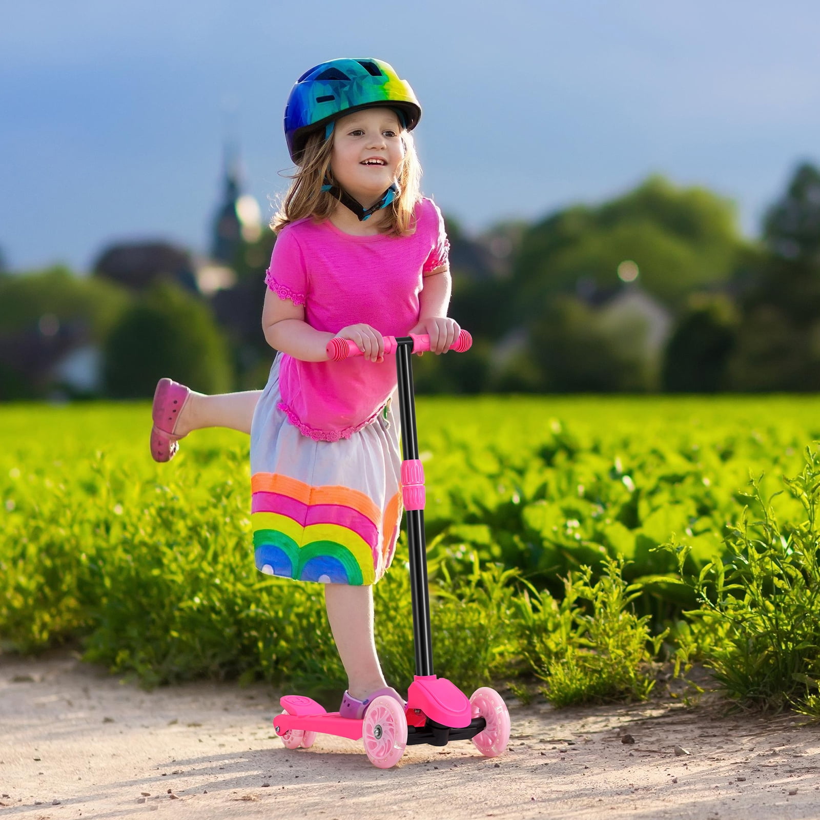 Kids Kick Scooter with Adjustable Height and Light Up Wheels, Pink