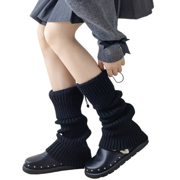 Women Vintage Solid Color Drawstring Leg Warmer Calf Socks Student Ribbed Knit Turn Cuff Boot Covers Toppers Streetwear