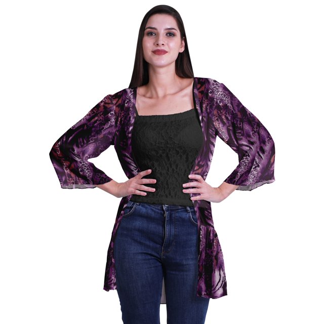Moomaya Gilet Imprimé Georgette à Volants Ourlet Tombant Couverture de Plage pour Femmes